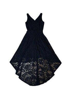 MUADRESS Black Lace High-Low Dress Sleeveless V-Neck Floral A-Line Nylon Blend
